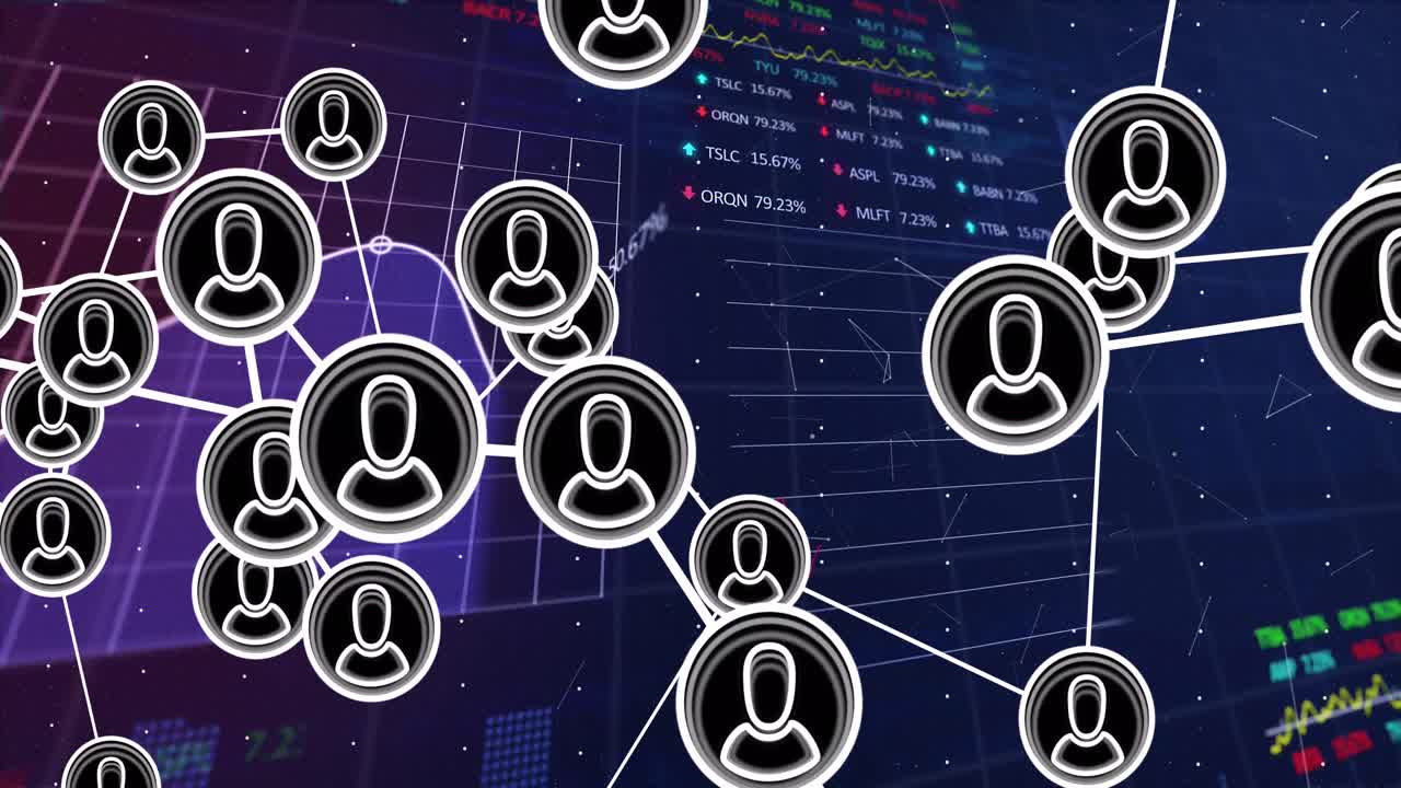 Animation of profile icons connected with lines over trading board and multicolored graphs