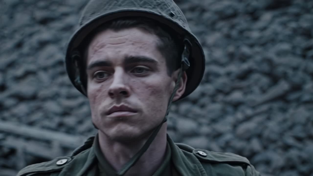 Somber military serviceman wearing helmet and uniform standing motionless, expressing deep emotional distress with downcast gaze against weathered stone wall background