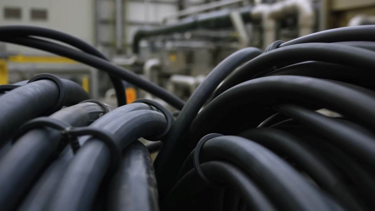 Nærbillede fra lav vinkel viser tykke sorte gummislanger og tunge kabler snoet hen over fabriksgulvet, med let forskydning i overlappende løkker, tæt lagdeling, matte overflader og stærk industriel tekstur