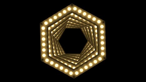 caja de bombilla incandescente de túnel marco de forma hexagonal remolino girar patrón en movimiento, retro 3d estilo virtual ilustración brillo en fondo oscuro animación de bucle sin costuras 4k, con espacio de copia
