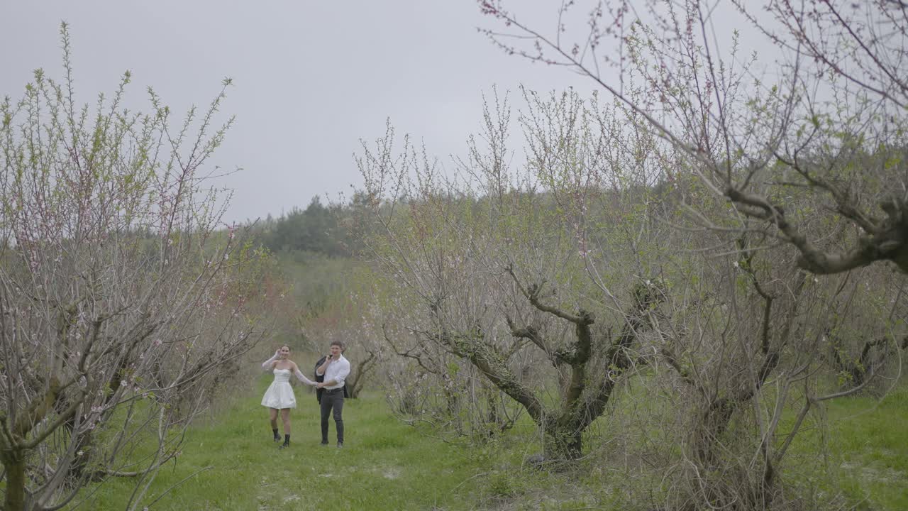 꽃 이 피는 과수원 에서 산책 하는 부부
