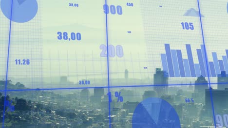 animation of financial data processing over cityscape
