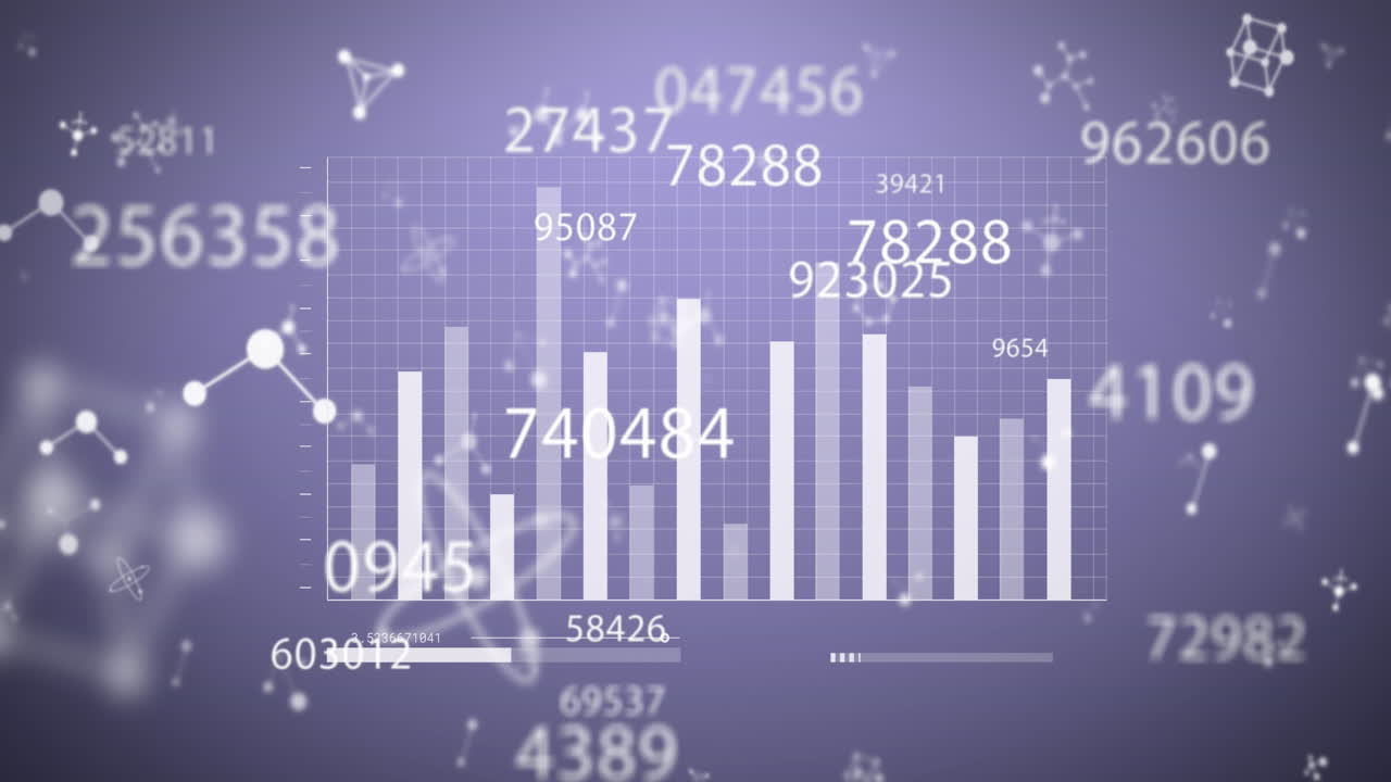 Digital animation of changing numbers, data processing and molecular structures on purple background