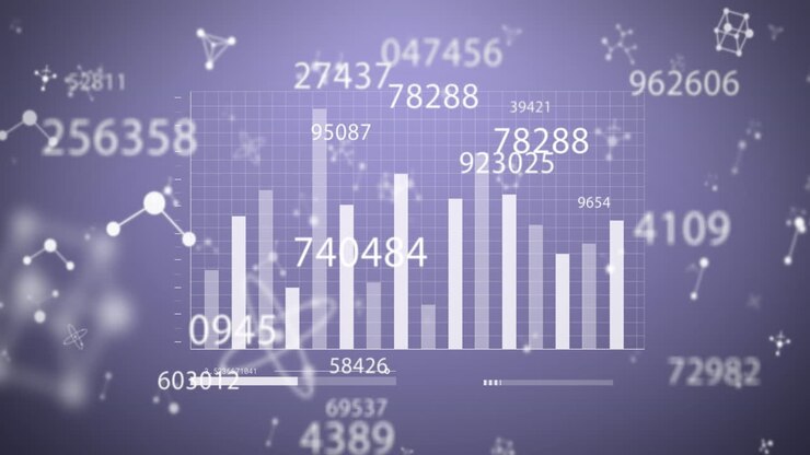 Animazione digitale di numeri in evoluzione, elaborazione dati e strutture molecolari su sfondo viola
