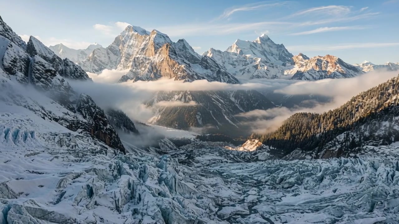 Nebbia in movimento spinta da un vento leggero che rivela un ghiacciaio crepato e cime illuminate dal sole in una valle alpina.