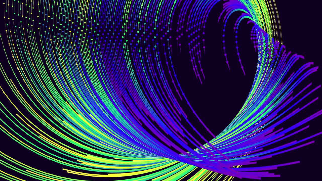 Running or shifting lights. 3d abstract bg with glow particles. Particles or dots with neon light, form surface of 3d object like funnel. Bright creative motion design bg. Luma matte as alpha channel.