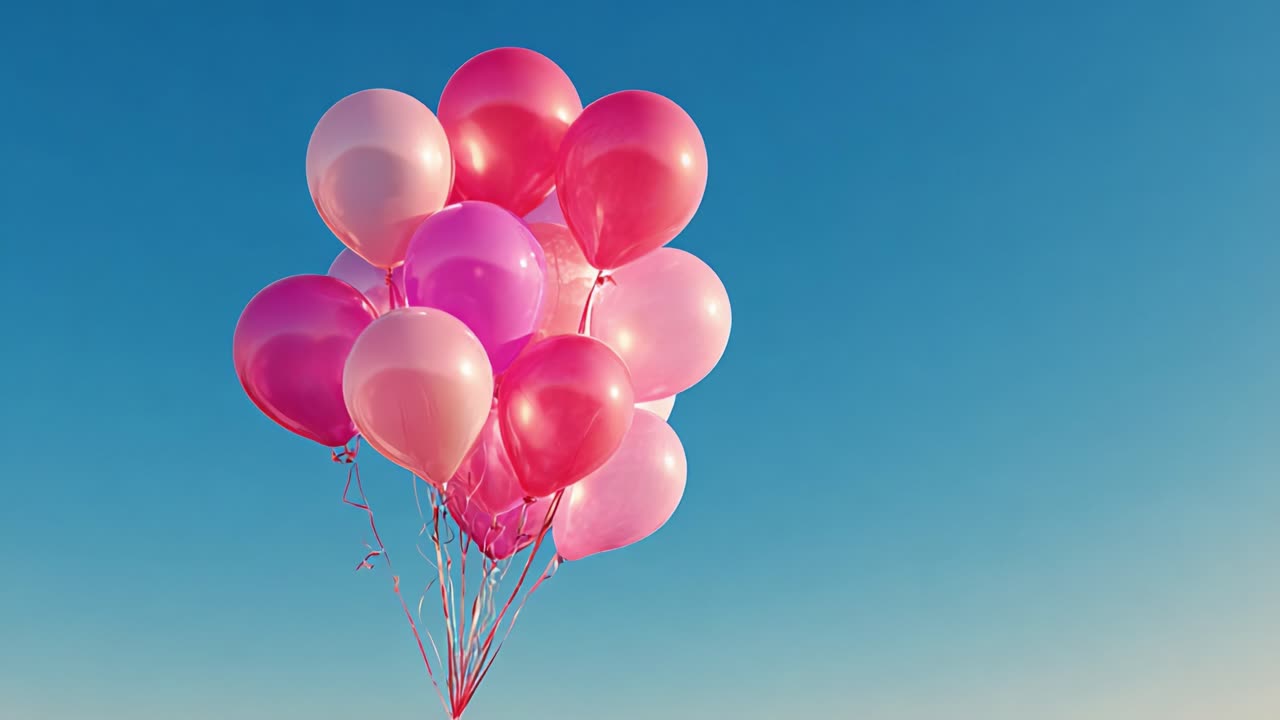 Un gruppo colorato di palloncini rosa e bianchi fluttuanti che si libra in un cielo azzurro, catturando la gioia e la celebrazione in una splendida scena all'aperto