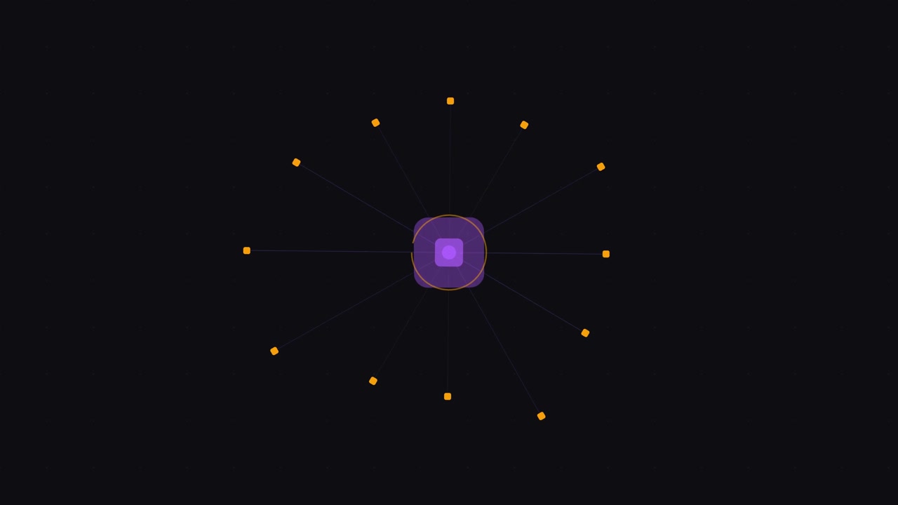 Grafica in movimento astratta di un nucleo viola pulsante con nodi connessi