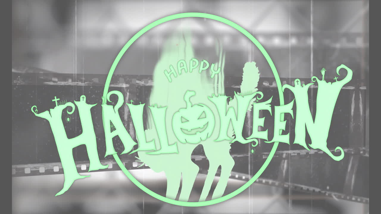 고양이와 호박을 가진 무서운 배경 위에 행복한 할로윈 텍스트 애니메이션