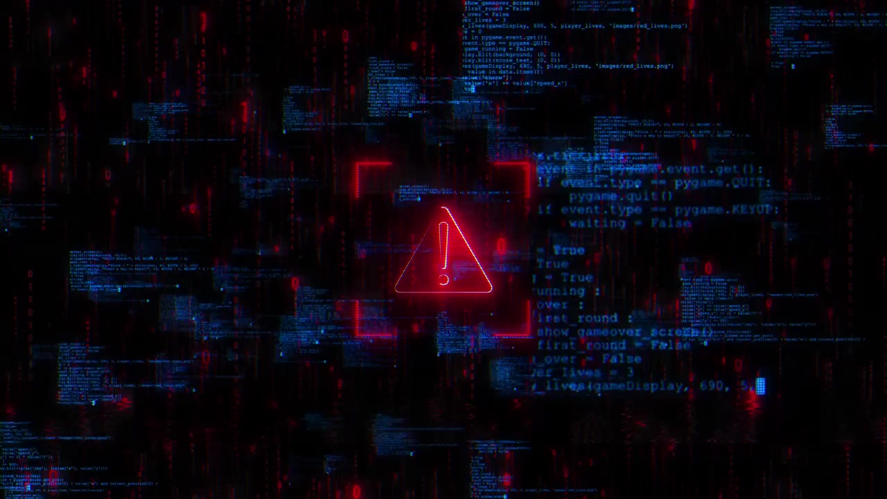 Rød cyberadvarsel, mørk kodematrix, programtekst, glitch-støj, faresymbol, perfekt til.
