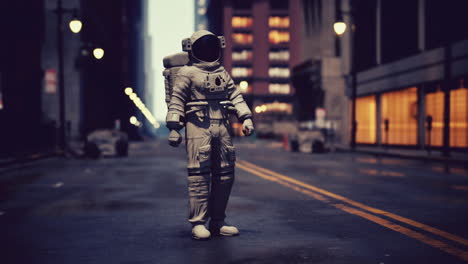 astronauta en una ciudad desierta por la noche