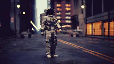 astronaut in deserted city at night