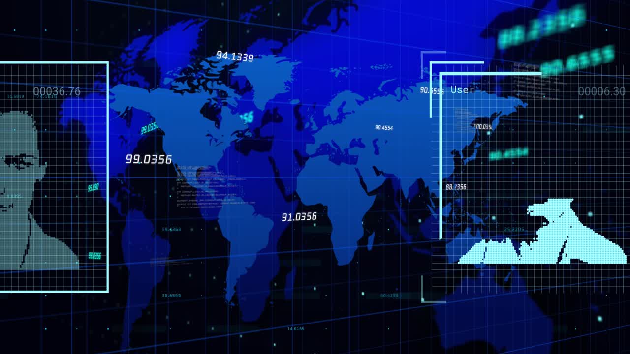 Animation of financial data over world map and user photos on black background