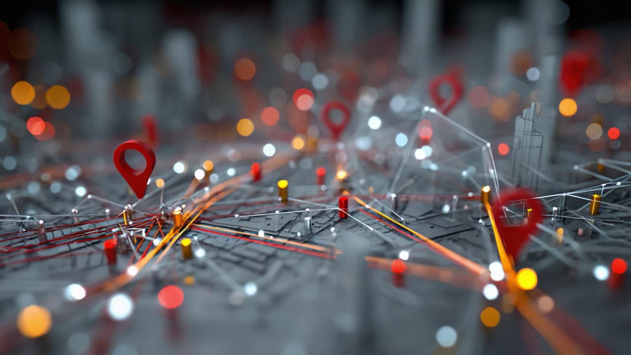 Una rappresentazione dinamica di un paesaggio urbano in rete che evidenzia connessioni e posizioni con indicatori luminosi e percorsi di connettività fluidi