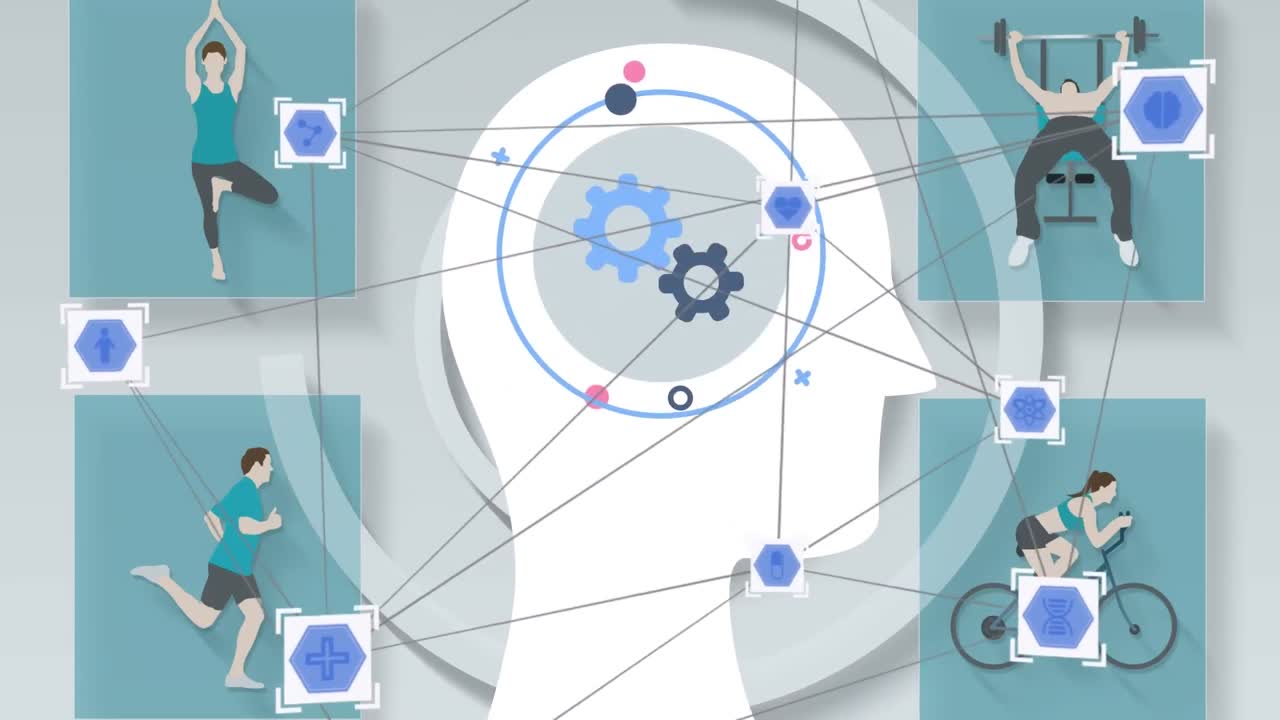 회색 배경의 피트니스 아이콘에 대한 인간의 머리 위의 디지털 아이콘 네트워크