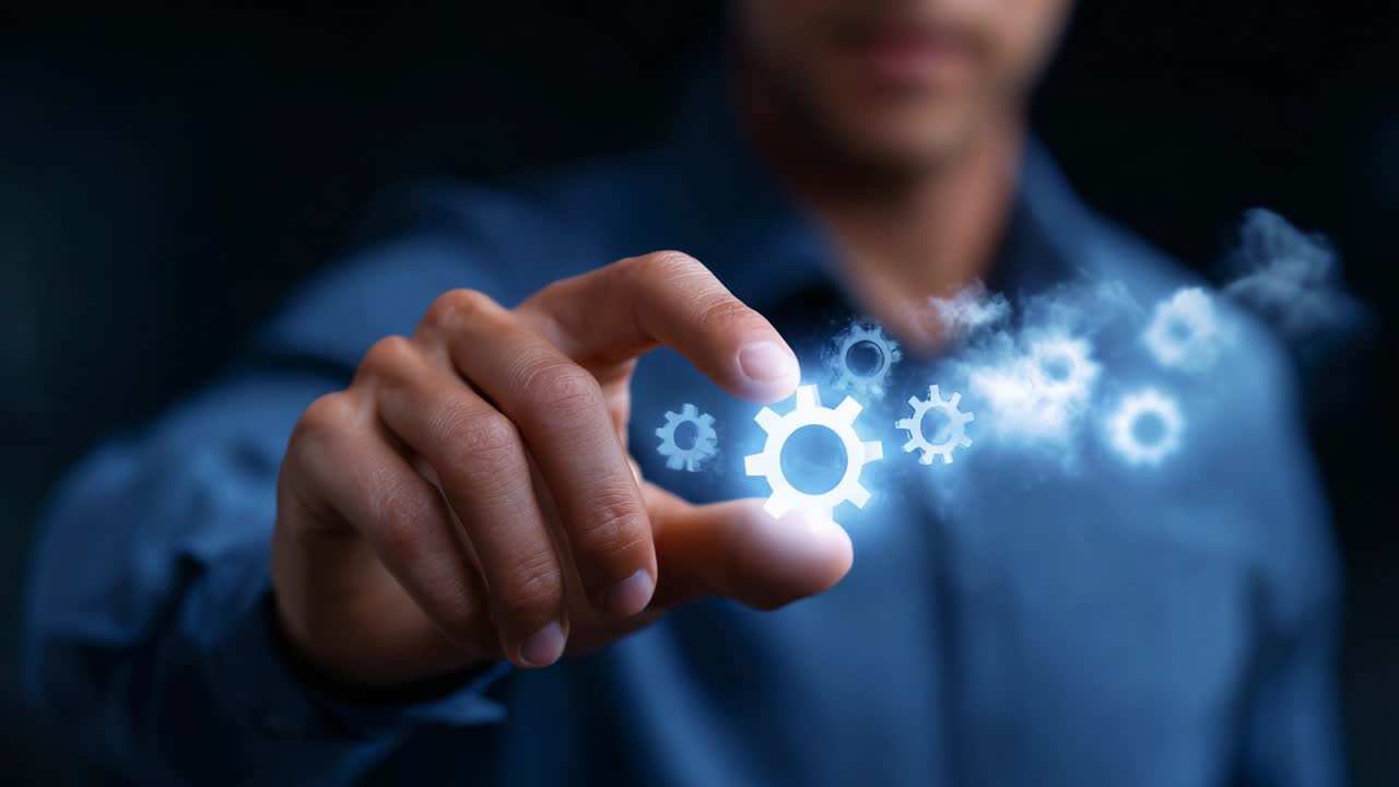 A Person Manipulating Digital Gears in a Dark Environment, Symbolizing Automation, Technology, and Innovation in Modern Industries, Representing the Power of Industry 4.0 and Digital Transformation