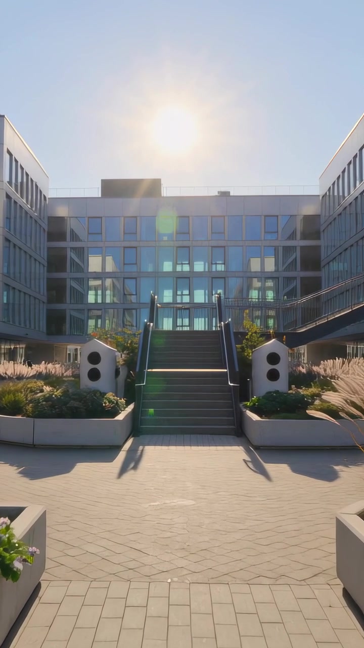 Video verticale: Telecamera centrale in movimento che si avvicina a scale e a un edificio di vetro verso l'ingresso con un bagliore dell'obiettivo.