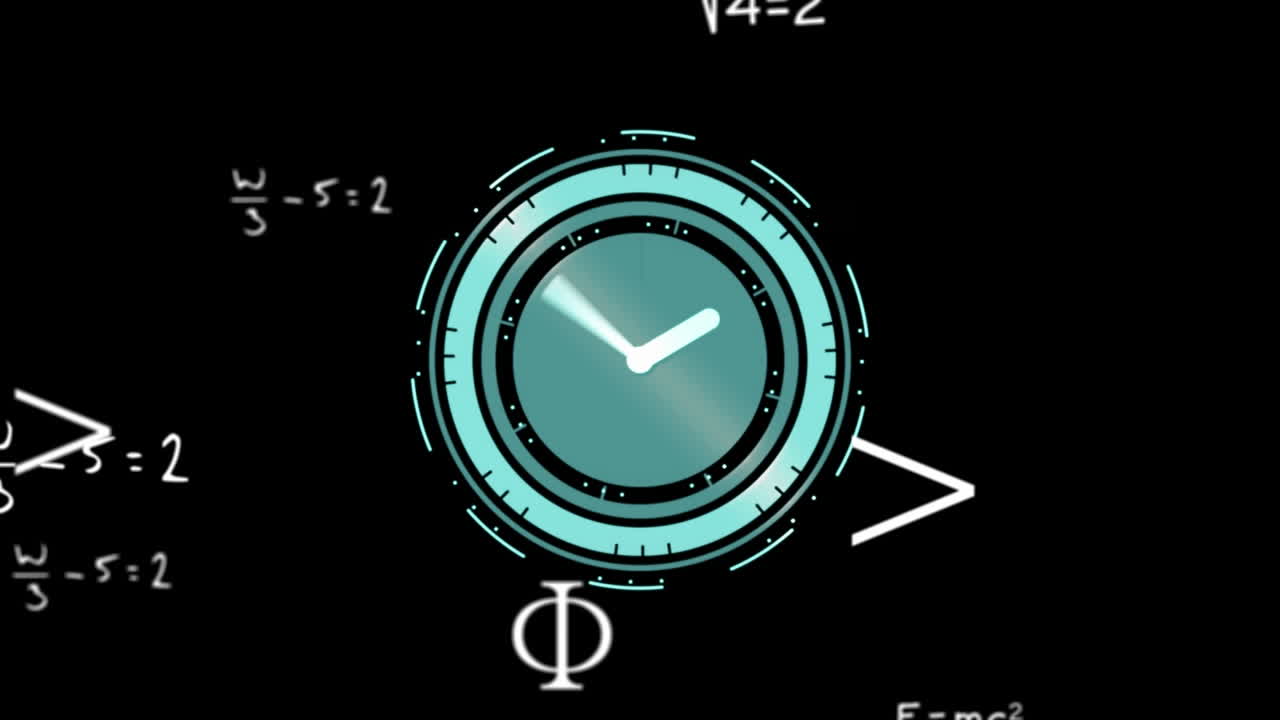 анимация математических уравнений и символов, плавающих над неоновыми тикающими часами на черном фоне