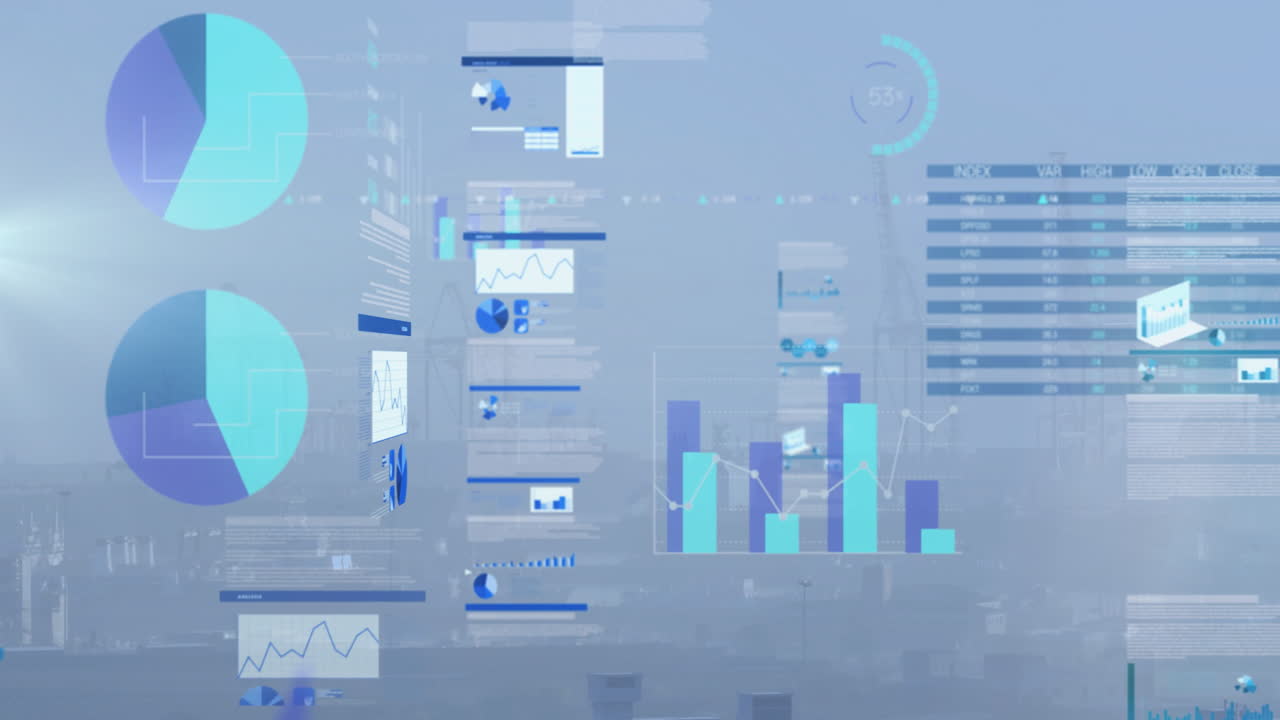 Digital dashboard overlay showing pie charts, bar graphs and data tables over foggy city skyline