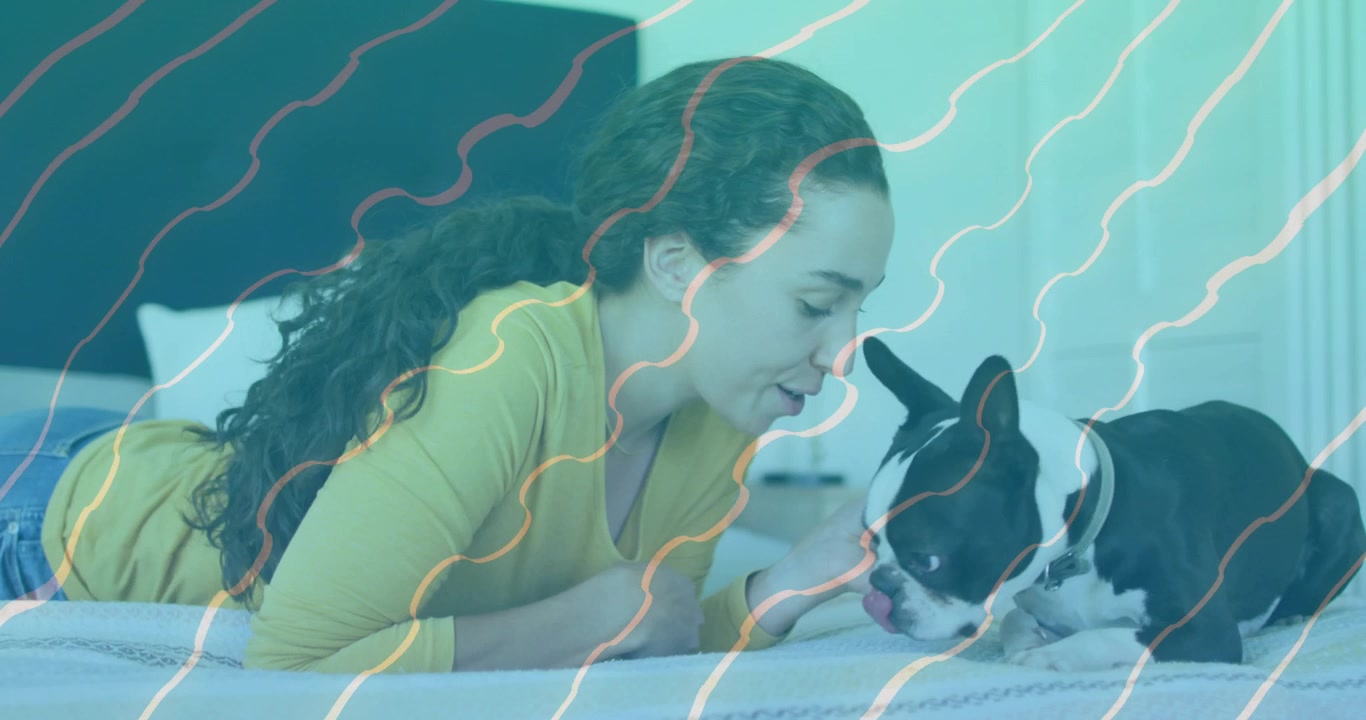 ベッドで肘をついている女性が犬におやつを与え、ペットトレーニング中に落ち着きを強化します。