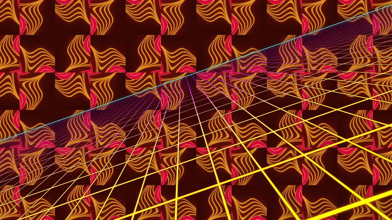 Animation with vibrant yellow and pink geometric patterns over dark background