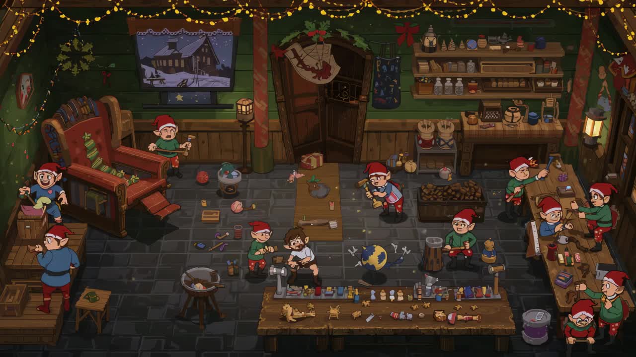Starting shift, elves wearing red hats, green tunics painting toys at central bench for holidays