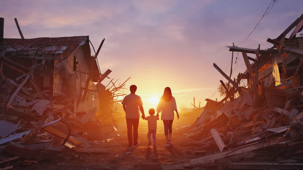 Famiglia che cammina tra le macerie di un disastro al tramonto