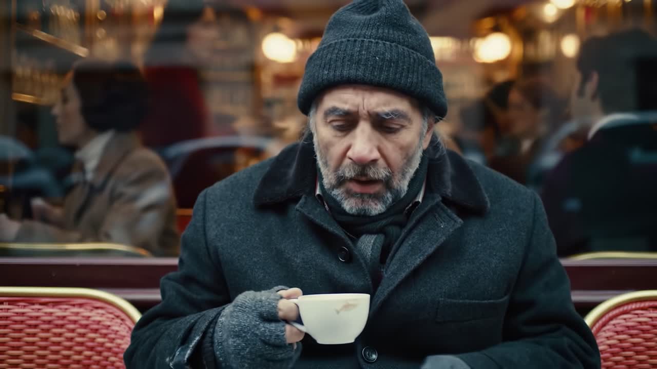 An elderly man wearing a beanie and a warm coat sits pensively in a cafe, surrounded by a bustling atmosphere as patrons enjoy their conversations. The warm lighting adds to the inviting mood.