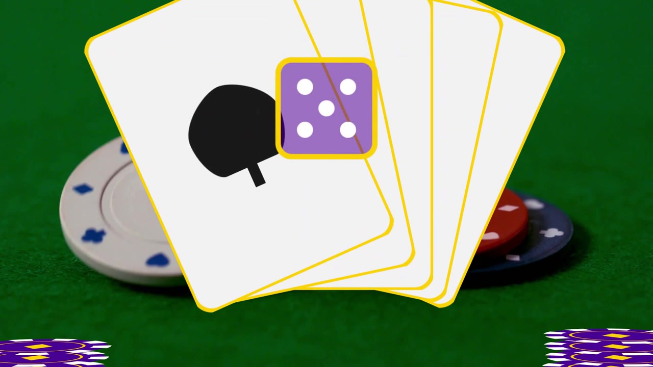 Camera shifting, showing chips, button, die descending into stacked dice under cards, casino setup