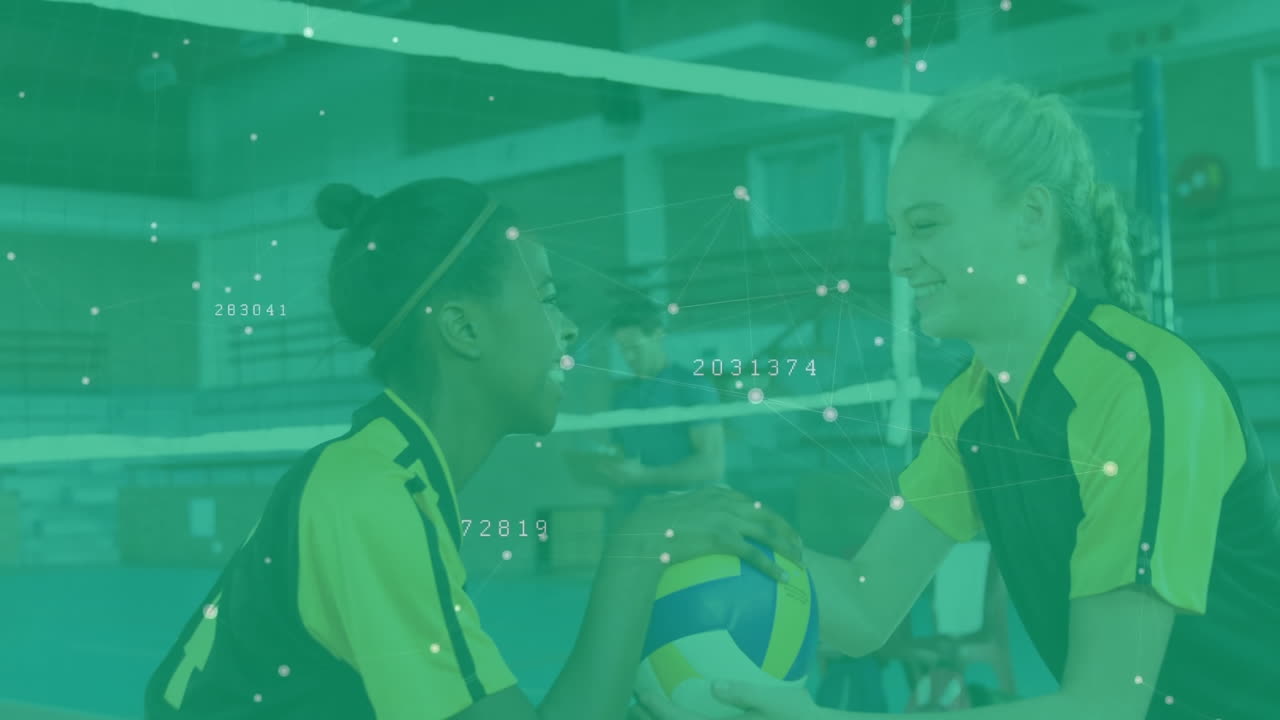 Two volleyball players smiling, surrounded by data processing animation in gym