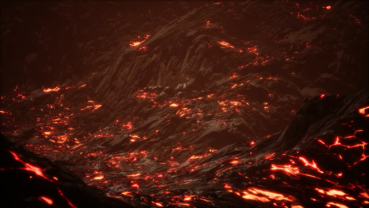 Red Orange vibrant Molten Lava flowing onto grey lavafield and glossy rocky land