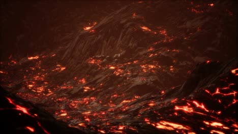 lava fundida roja y vibrante que fluye sobre un campo de lava gris y una tierra rocosa brillante