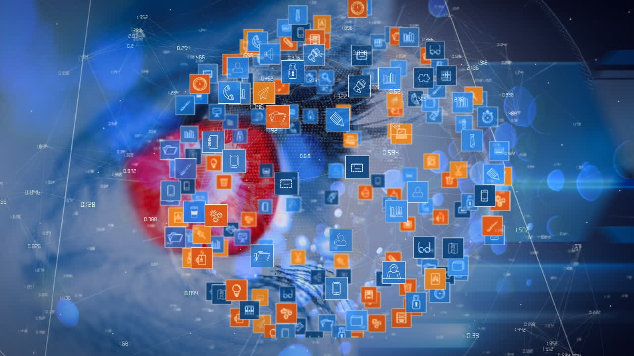 여성의 눈 위에 아이콘을 가진 연결 네트워크의 지구상의 애니메이션