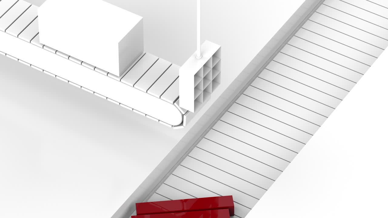 근접 현대 백색 공장 슬라이서 컨베이어 벨트 생산 빨간 바 슬라이스 루프