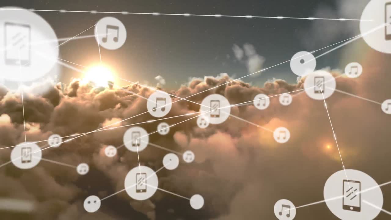 메모와 스마트 폰을 가진 아이콘의 연결 네트워크의 애니메이션 클라우드