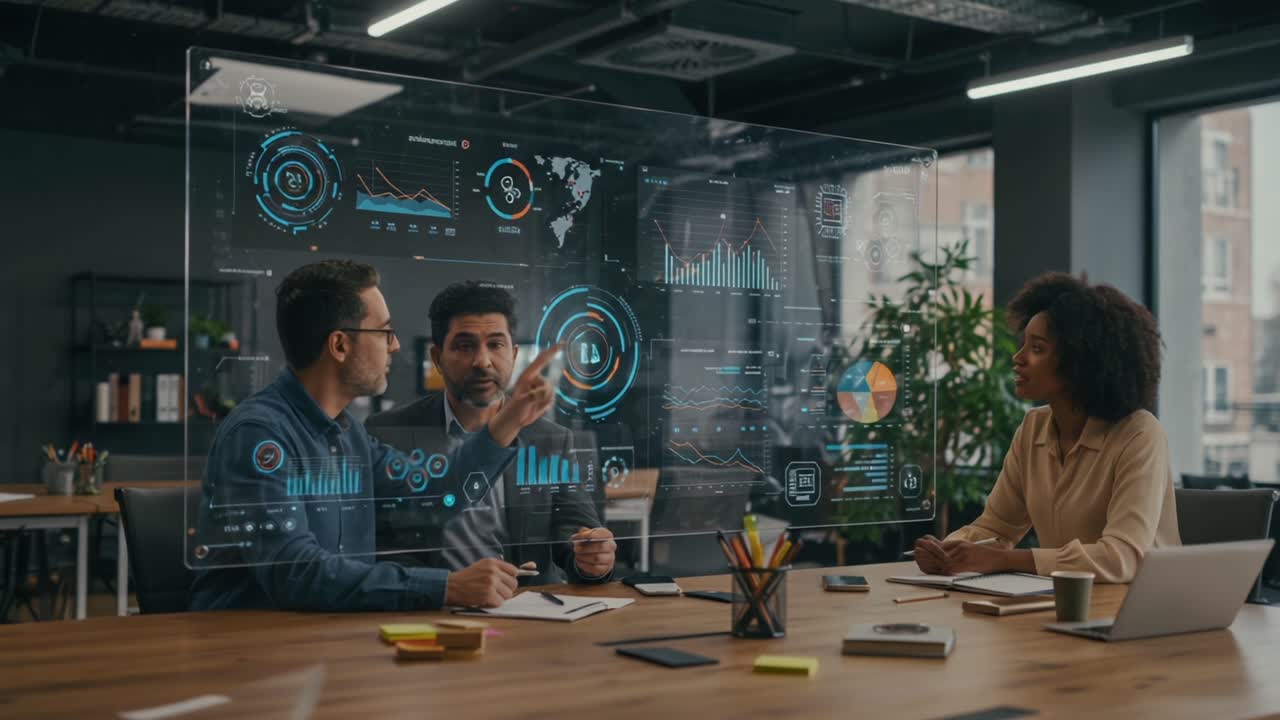 Team Collaboration on Data Analysis: Engaging Meeting with Digital Dashboard Insights and Visualizations in a Modern Workspace Setting