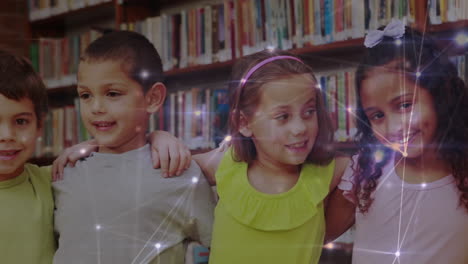 red de conexiones contra el retrato de diversos estudiantes sonriendo mientras están de pie en la biblioteca