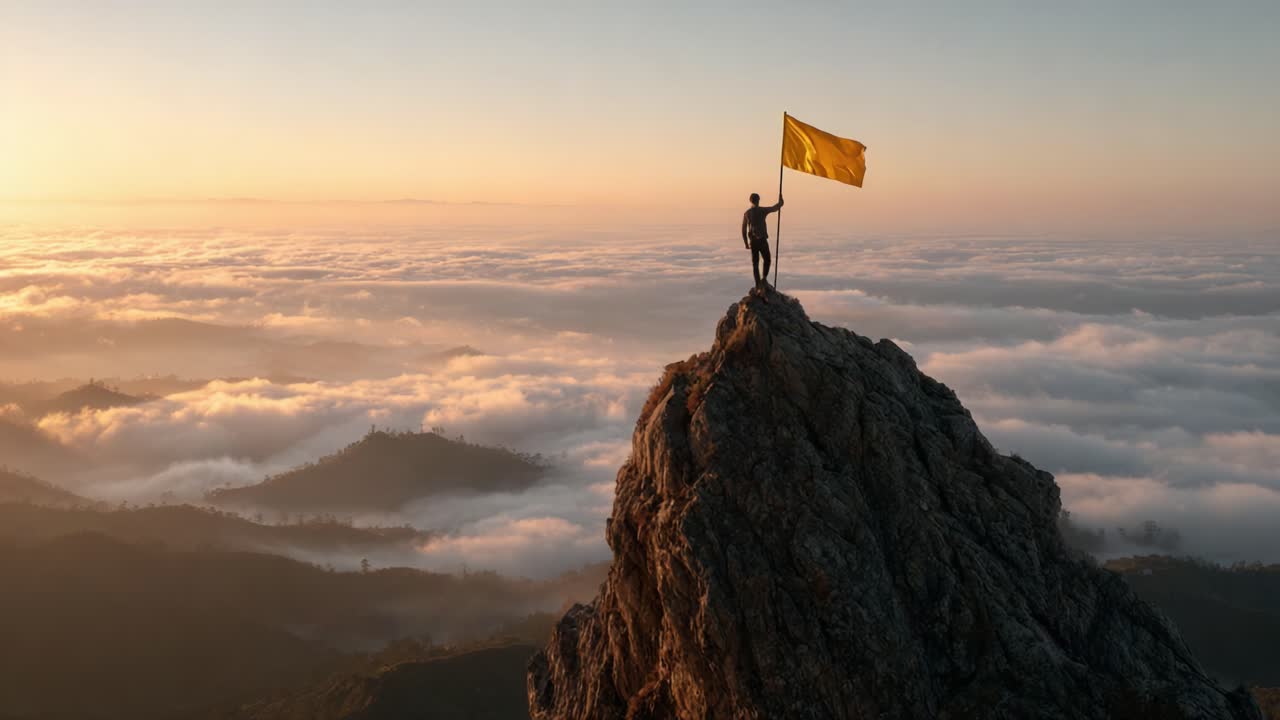 A triumphant figure stands atop a majestic mountain peak, proudly holding a yellow flag high above the clouds at sunset, symbolizing achievement and perseverance in nature's embrace