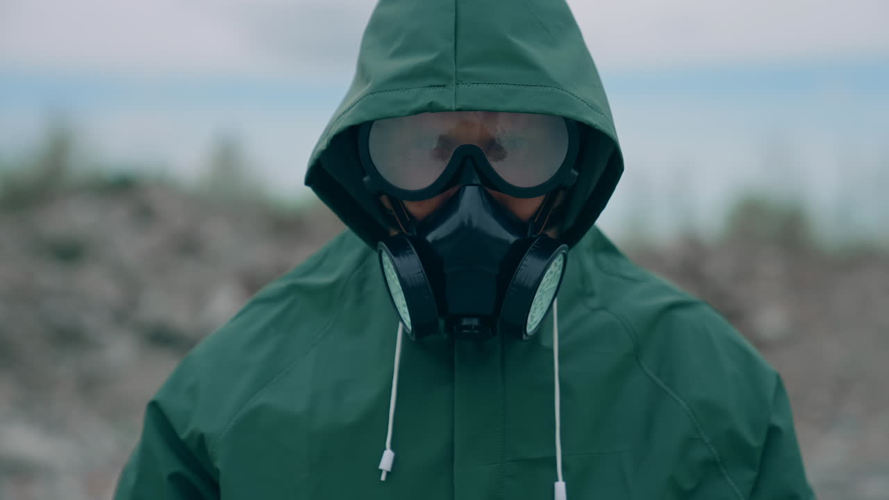 Man in uniform in the ruins. Man in gas mask in destroyed place after catastrophe