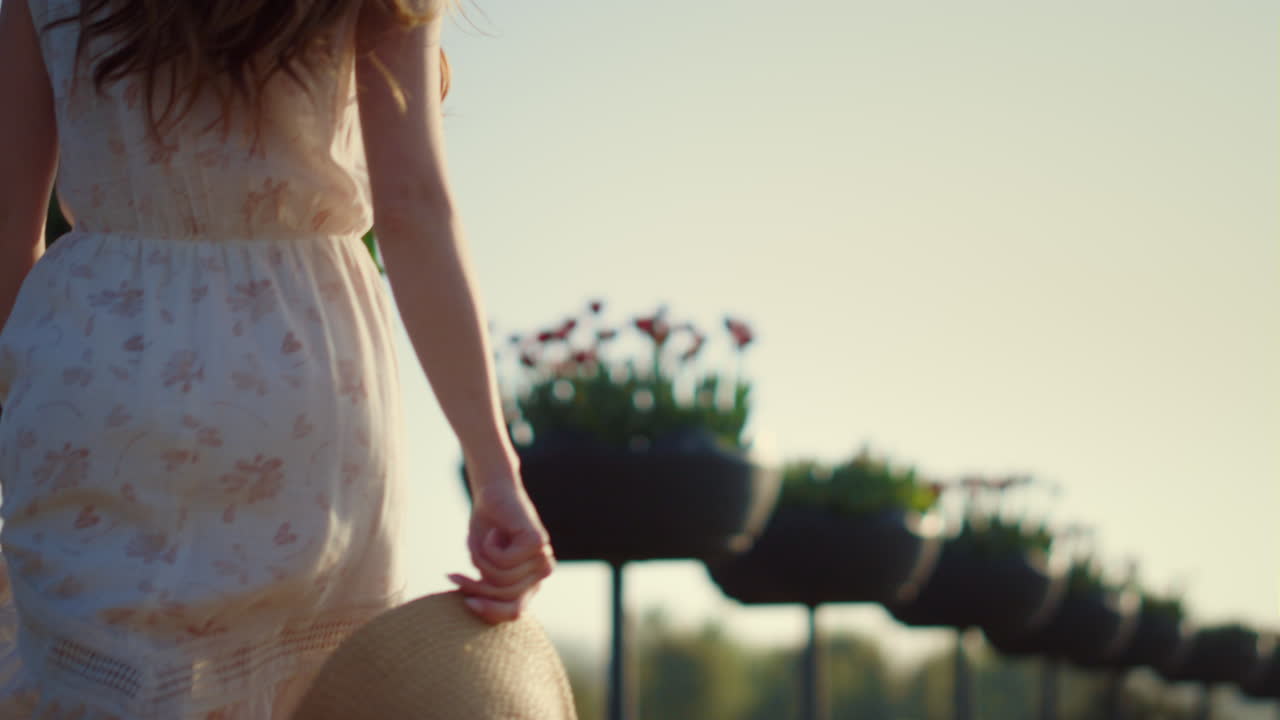 아름다운 공원에서  ⁇ 고 있는 여자 실루 ⁇ . 밖에서 움직이는 긴 머리 소녀.