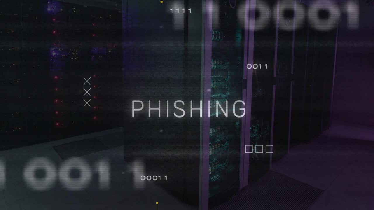 Animazione di testo di phishing con motivo a circuito stampato su codici binari sullo sfondo di una sala server