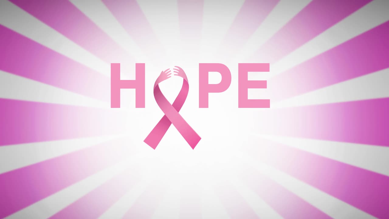 ⁇ 색과 핑크색 배경에 나타나는 분홍색 리본 로고와 희망 텍스트의 애니메이션