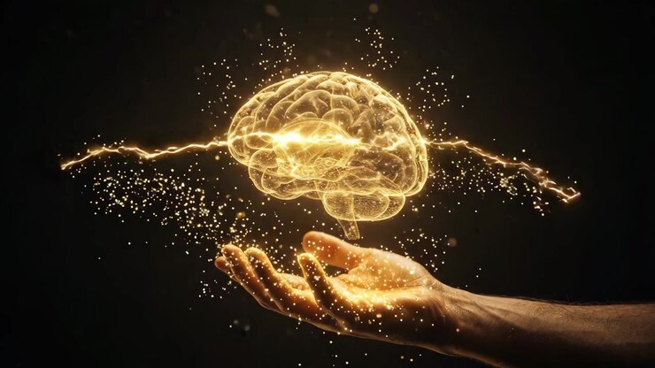 Mano umana che tiene un modello di cervello digitale luminoso