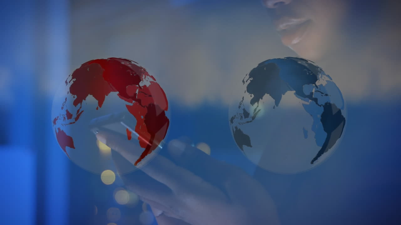 스마트 폰을 사용하는 사업가 여성에 대한 데이터 처리와 함께 지구상의 애니메이션