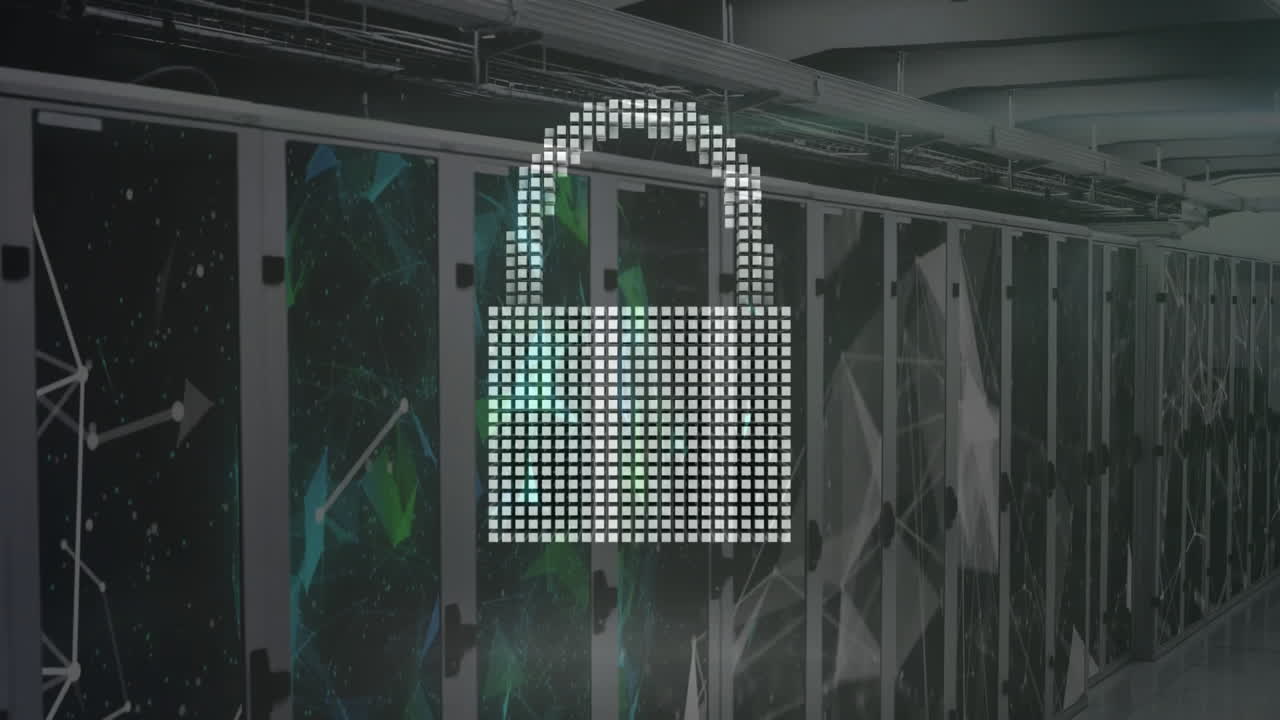 Animation of cloud and padlock icons with network of connections over server room