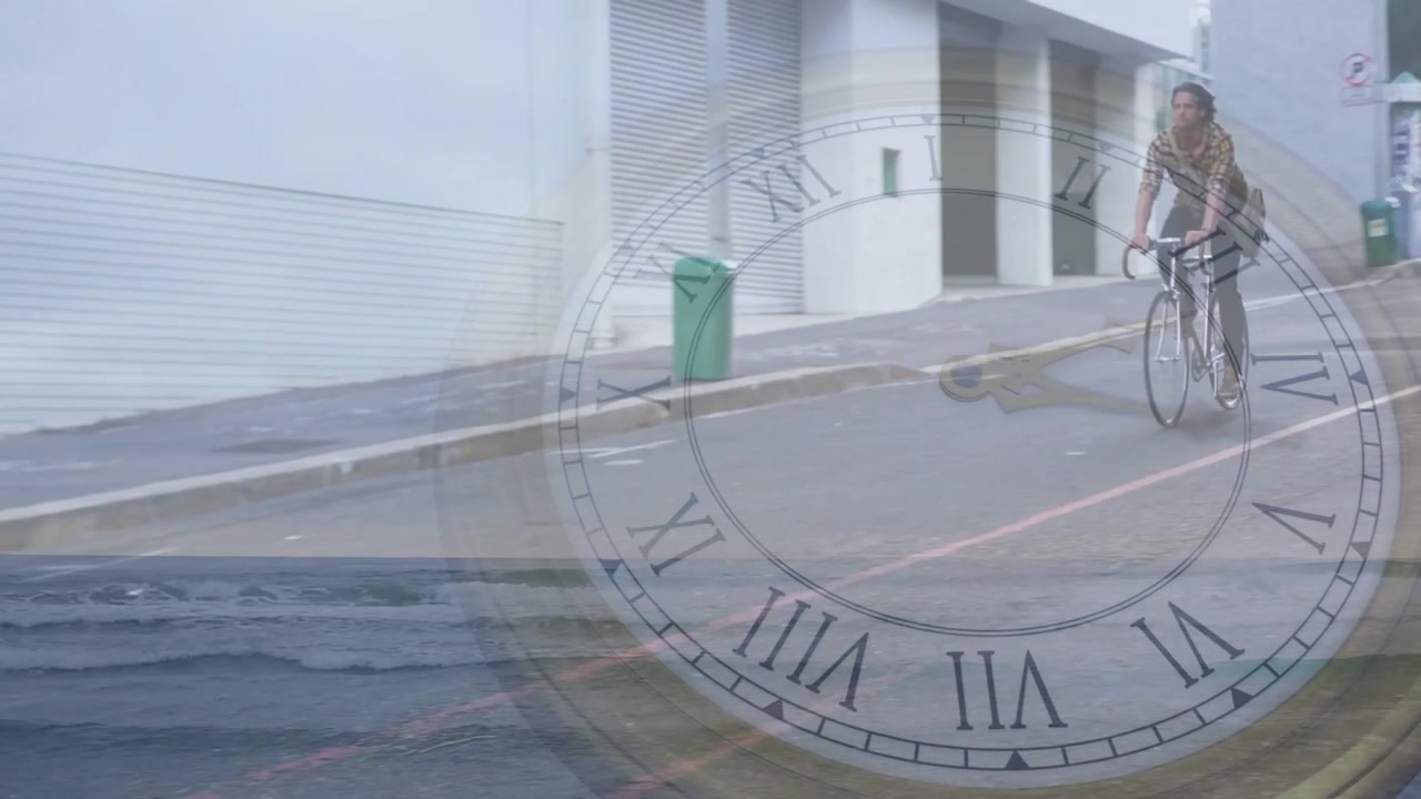 Male cyclist commuting, passing green bin with faint clock and waves overlay framing rider for tech