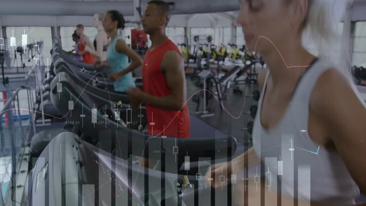 Female tapping treadmill panel starting runners syncing while animated health charts tracking pace