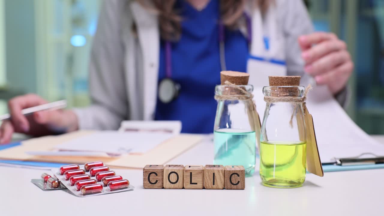 Colic medication and remedies on a doctor's desk