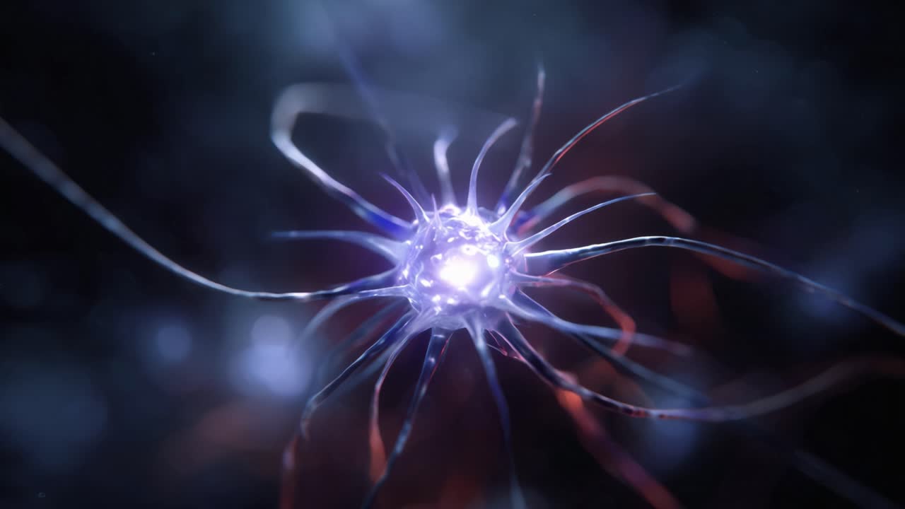 Captivating Close-up of a Neuron with Glowing Synapses Exhibiting Intricate and Stunning Biological Structures in a Dark Abstractive Background