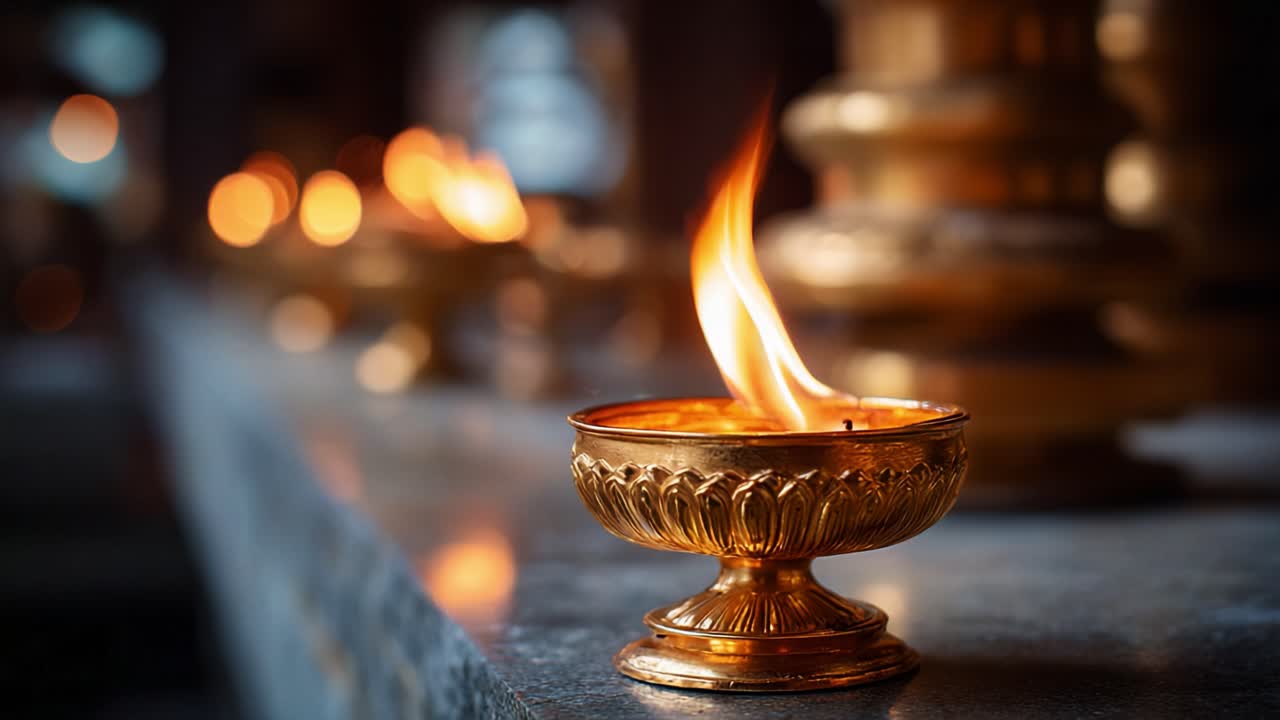A Glimpse of Serenity: Illuminated Oil Lamps with Flickering Flames in a Tranquil Setting Creating a Peaceful Atmosphere for Reflection and Meditation